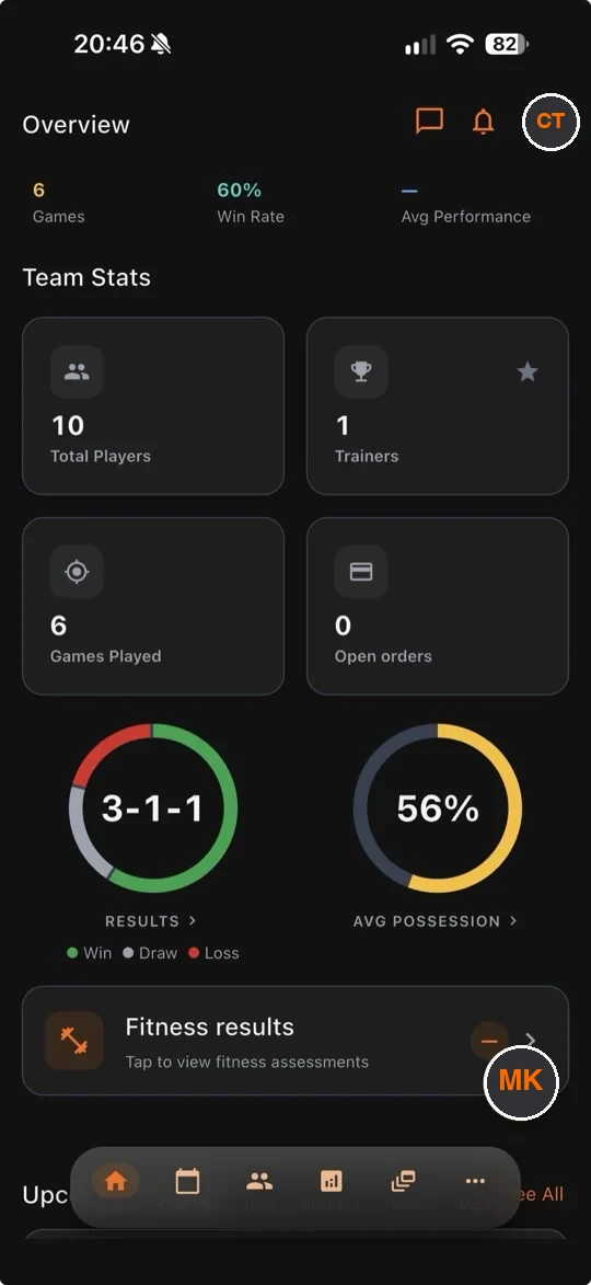 Klarbeats-App: Übersicht für Trainer mit Teamstatistik und Ergebnissen