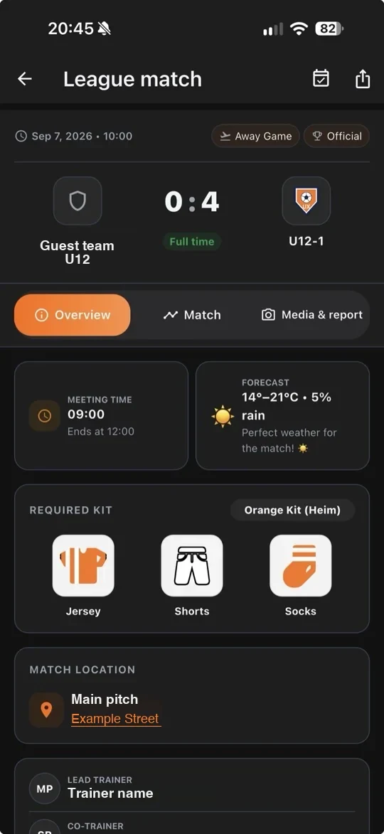 Klarbeats-App: Spieldetails mit Ergebnis, Treffzeit, Trikotsatz und Ort